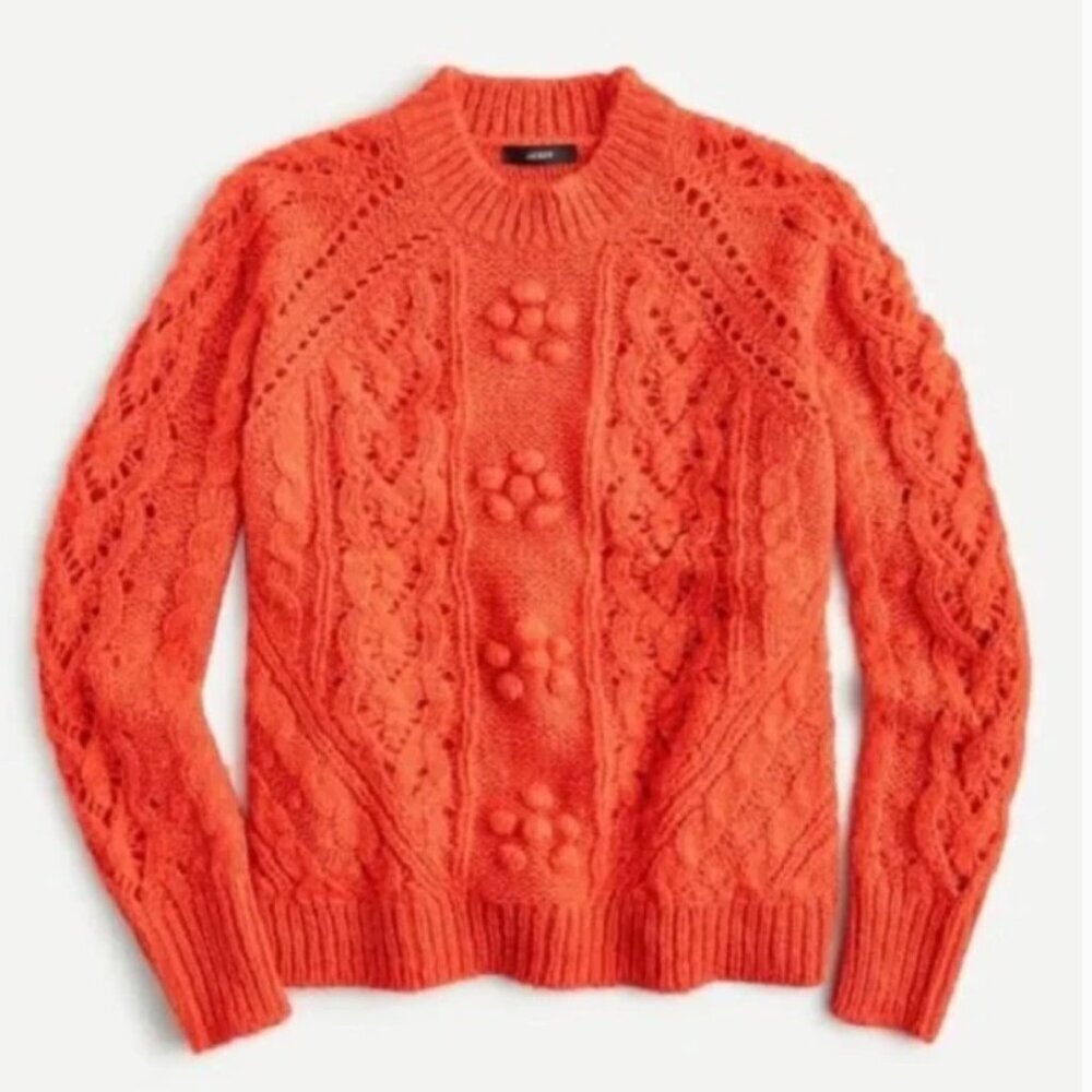 J. Crew Cable Knit Mockneck Pointelle Sweater Popcorn Flowers Cherry Girl Sz M
